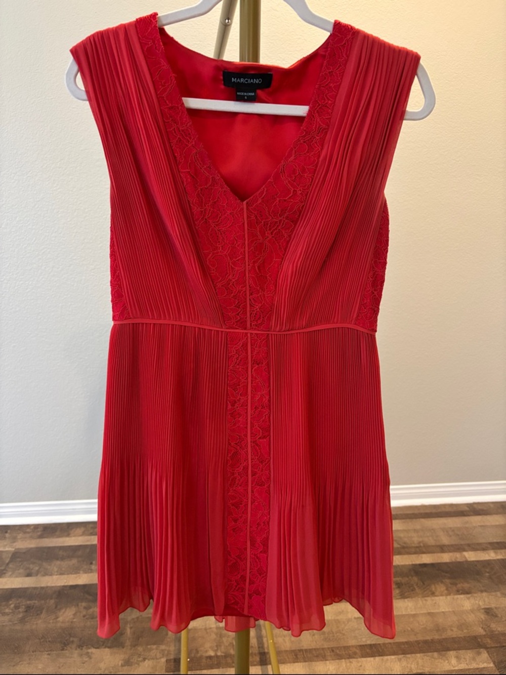 Marciano Red Pleated V-Neck Lace-Trim Dress